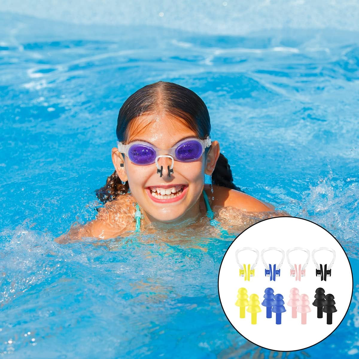 Swimming Nose Plug & Ear Plugs, 4Set Soft Professional Ear Plugs and Nose Clips for Swimming, Sleeping (4 Colors)