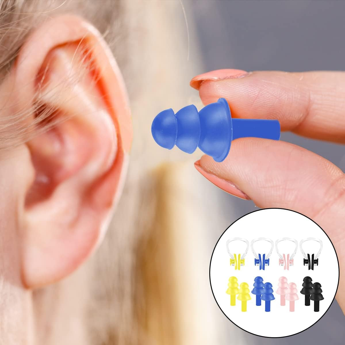 Swimming Nose Plug & Ear Plugs, 4Set Soft Professional Ear Plugs and Nose Clips for Swimming, Sleeping (4 Colors)
